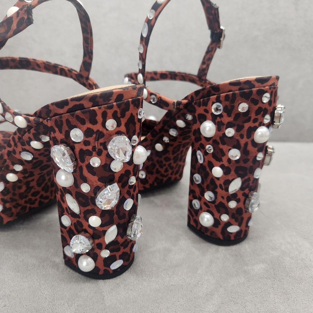 Gianni Bini Platform Sandals 8 Brown Leopard Satin Calvan Two Jeweled New $150 - Picture 13 of 17